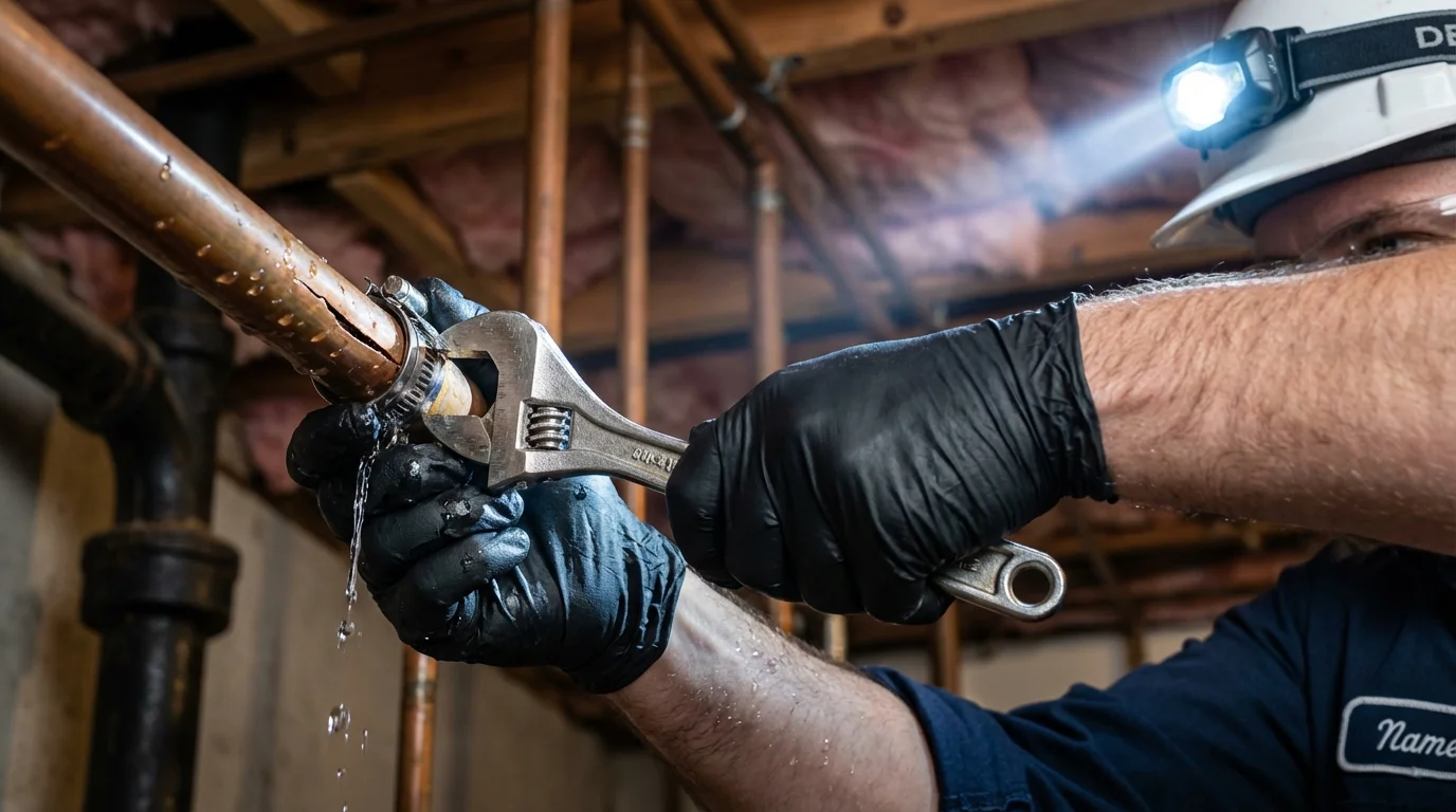 Emergency pipe clamp repair being performed by a Johns Plumbing LLC plumber in Osburn