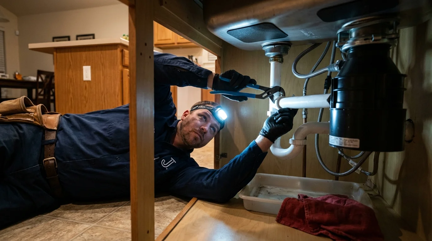 P-trap and supply line connections under a kitchen sink showing a common leak point in Osburn, ID